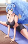  1girl animal_ear_fluff animal_ears bangs bare_arms bare_shoulders black_shorts blue_hair blush breasts cleavage collarbone green_eyes large_breasts long_hair looking_at_viewer original ponytail sarhce shorts sleeveless solo split spread_legs tail thighs yoga yoga_mat 