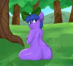  2022 anthro areola blue_hair blush bow_accessory bow_ribbon breasts digital_media_(artwork) equid equine fan_character female freckles fur hair hasbro hi_res horn horse looking_at_viewer looking_back mammal my_little_pony nature nature_background nervous nipples outside petrovolt plant pony purple_body sitting smile solo tree unicorn 