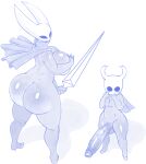  anthro arthropod balls big_breasts big_butt big_penis breasts butt cloak clothing creamygravy duo female genitals half-erect hi_res holding_object holding_weapon hollow_knight hornet_(hollow_knight) huge_breasts huge_butt huge_penis hyper hyper_genitalia hyper_penis larger_female looking_at_viewer looking_back male monochrome nude penis protagonist_(hollow_knight) size_difference small_but_hung smaller_male team_cherry thick_thighs vessel_(species) video_games weapon 
