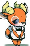  2019 animal_crossing anthro antlers apron beau_(animal_crossing) blue_eyes blue_sclera blush bodily_fluids cervid clothing digital_media_(artwork) dress fur half-closed_eyes hooves horn maid_headdress maid_uniform mammal multicolored_body multicolored_fur narrowed_eyes nintendo orange_body orange_fur scut_tail seologi short_tail simple_background solo standing sweat sweatdrop two_tone_body two_tone_fur uniform video_games white_background white_body 