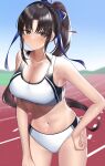  1girl bare_arms black_hair blurry blurry_background blush breasts brown_eyes cleavage closed_mouth commentary_request day hair_ribbon hand_on_hip high_ponytail highres kaku_yone large_breasts long_hair looking_at_viewer navel original outdoors ponytail ribbon sky smile solo sports_bra sports_panties sportswear stomach sweat track_and_field very_long_hair wet white_sports_bra 
