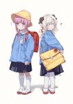  2girls ? aged_down backpack bag bangs black_skirt blue_eyes blue_shirt blunt_bangs blush braid buttons embarrassed expressionless female_child floral_print flower flying_sweatdrops full_body grey_eyes hair_flower hair_ornament hair_over_one_eye hat highres isekai_joucho kaf_(kamitsubaki_studio) kamitsubaki_studio keychain kindergarten_uniform kneehighs looking_at_viewer looking_back medium_hair multicolored_eyes multicolored_hair multiple_girls name_tag pantyhose parted_bangs pink_hair pleated_skirt randoseru red_bag red_eyes red_hair ryuuforkaf school_hat shadow shirt shoulder_bag sidelocks simple_background skirt socks standing streaked_hair twin_braids wavy_hair white_background white_hair yellow_bag yellow_eyes yellow_headwear 