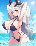  1girl alternate_costume arknights armpits arms_up bikini black_bikini blue_sky blush breasts cleavage closed_mouth cloud cloudy_sky commentary covered_nipples cowboy_shot day demon_horns expressionless grey_hair hair_ornament hands_in_hair highres horns infection_monitor_(arknights) large_breasts lens_flare long_hair looking_at_viewer mooootmt mudrock_(arknights) multi-strapped_bikini navel ocean oripathy_lesion_(arknights) outdoors pointy_ears red_eyes sky solo standing stomach string_bikini sunlight swimsuit very_long_hair wading wet 