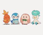  2022 ambiguous_gender avian beak bird blue_body brown_body brown_feathers feathers feral full-length_portrait generation_3_pokemon generation_4_pokemon generation_7_pokemon generation_9_pokemon group hi_res nintendo orange_body orange_feathers piplup pokemon pokemon_(species) portrait quaxly rowlet signature simple_background sitting torchic video_games white_background white_body white_feathers xoauri 