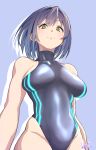  1girl black_one-piece_swimsuit blue_hair competition_swimsuit cowboy_shot from_below grey_background highleg highleg_swimsuit highres hori_shin mole mole_under_eye nijisanji one-piece_swimsuit shizuka_rin short_hair simple_background solo swimsuit turtleneck virtual_youtuber yellow_eyes 