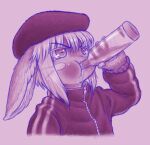  2019 alcohol ambiguous_gender anthro beverage body_fur buneposter bust_portrait chugging clothing drinking fur hair hat headgear headwear hi_res horizontal_pupils made_in_abyss mammal monochrome nanachi narehate pink_background portrait pupils purple_theme russian_clothing short_hair simple_background solo tracksuit vodka whiskers white_hair 