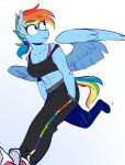  abs clothing equid equine eyebrows female friendship_is_magic hair hand_in_pocket hi_res mammal multicolored_hair muscular muscular_female my_little_pony pegasus pockets ponytail rainbow_dash_(mlp) rainbow_hair raised_eyebrow redxbacon simple_background track_pants walking white_background wings 