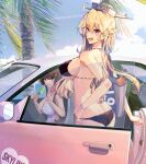  2girls artist_name bikini black_bikini blonde_hair blue_eyes breasts brown_hair butt_crack car car_interior cross-laced_clothes cross-laced_swimsuit dated food ground_vehicle headgear highres himeyamato iowa_(kancolle) kantai_collection large_breasts long_hair motor_vehicle multiple_girls outdoors popsicle red_eyes sideboob star-shaped_pupils star_(symbol) swimsuit symbol-shaped_pupils yamato_(kancolle) 