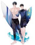  2boys abs black_hair bodysuit dok-ja_kim feet full_body hand_on_another&#039;s_shoulder holding holding_surfboard joonghyuk_yoo korean_commentary looking_at_another male_focus male_swimwear multiple_boys muscular muscular_male omniscient_reader&#039;s_viewpoint onlyraii pectorals scar scar_on_arm scar_on_chest short_hair surfboard waves white_background 