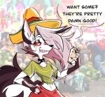  anthro burrito canid canid_demon clothing collar demon female fur hat headgear headwear hellhound helluva_boss hi_res horrorfreak loona_(helluva_boss) loona_in_mexico mammal midriff red_eyes solo sombrero spiked_collar spikes white_body white_fur 