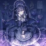  1girl black_bow black_dress black_hair bow dress dress_bow flower frills frown gloves gloves_removed gothic_lolita hand_up heart heterochromia highres lolita_fashion long_hair long_sleeves looking_at_viewer mogmogyasai original pale_skin purple_eyes solo twintails white_eyes white_gloves 