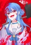  1girl :d alternate_eye_color animal_ears axe bangs blood blood_on_clothes blood_on_face blood_splatter blue_choker blue_hair blush choker chromatic_aberration collarbone grey_jacket hair_between_eyes hair_bun highres holding holding_axe hololive hoshimachi_suisei jacket long_hair looking_at_viewer open_clothes open_jacket red_background red_eyes saco_(cgmore) sailor_collar simple_background single_side_bun smile solo star_(symbol) star_in_eye sweater symbol_in_eye virtual_youtuber white_sailor_collar 