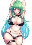  absurdres arms_behind_head bikini black_bikini breasts brown_eyes cleavage cowboy_shot green_hair highres kitakouji_hisui large_breasts multi-strapped_bikini navel nijisanji sharp_teeth skindentation swimsuit teeth thigh_strap two-tone_bikini virtual_youtuber yuki_maccha_(yukimattya10) 