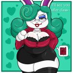  anthro big_breasts bomba_world12 breasts broodal chubby_female condom eyewear female gem glasses green_hair hair hi_res jewelry lagomorph leporid looking_at_viewer madame_broode mammal mario_bros markings mature_anthro mature_female mole_(marking) necklace nintendo pearl_(gem) pearl_necklace rabbit sexual_barrier_device solo super_mario_odyssey teacher thick_thighs video_games white_body 