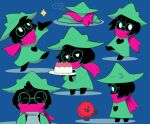  ... 2018 absurd_res black_body black_fur blue_background blush bovid cake caprine clothing darkner deltarune dessert digital_media_(artwork) dress eyes_closed eyewear fangs food fur glasses goat half-closed_eyes hat headgear headwear hi_res holding_object male mammal narrowed_eyes ralsei scarf semi-anthro seologi simple_background solo undertale_(series) video_games white_eyes witch_hat 