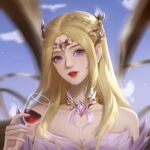  1girl absurdres alcohol bare_shoulders blonde_hair blue_eyes blue_sky cup detached_sleeves douluo_dalu dress hair_ornament highres holding holding_cup long_hair looking_to_the_side parted_lips portrait qian_renxue_(douluo_dalu) roumo_xiao_qiezi_zhu second-party_source sky solo white_dress wine 
