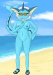  2022 absurd_res anthro beach beverage big_tail black_clothing black_footwear black_sandals blue_body blue_skin bottomless breasts can clothed clothing cloud container day detailed_background digital_drawing_(artwork) digital_media_(artwork) digital_painting_(artwork) eeveelution eyewear female footwear generation_1_pokemon genitals glasses glistening glistening_body glistening_breasts hand_on_hip hi_res holding_beverage holding_can holding_container holding_object jn8163 midriff monster_energy nintendo orange_eyewear orange_glasses orange_sunglasses pokemon pokemon_(species) pupils pussy sand sandals sea seaside signature sky smile solo sunglasses topless vaporeon video_games water wearing_glasses wearing_sunglasses white_pupils 