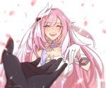  2girls :d absurdres ankie_(ankys_) artist_name bangs blush breasts cleavage closed_eyes dress elysia_(herrscher_of_human:ego) elysia_(honkai_impact) gloves highres honkai_(series) honkai_impact_3rd jewelry large_breasts long_hair multiple_girls open_mouth petals pink_hair pointy_ears pov raiden_mei raiden_mei_(herrscher_of_thunder) ring smile solo_focus teeth twitter_username upper_teeth 