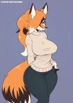  anthro big_breasts big_ears blue_eyes bottomwear breasts canid canine clothing cooliehigh denim denim_clothing digital_media_(artwork) female fox fur hair hair_over_eye hand_on_hip hi_res jeans looking_at_viewer mammal multicolored_body multicolored_ears multicolored_fur multicolored_hair multicolored_tail one_eye_obstructed orange_body orange_fur orange_hair pants signature simple_background solo standing sweater thick_thighs topwear wide_hips 