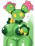  big_breasts blush breasts female generation_5_pokemon genitals green_body hi_res humanoid looking_at_viewer maractus nintendo nipples pokemon pokemon_(species) pokemorph pussy question_mark simple_background solo thick_thighs video_games white_background woebeeme yellow_eyes 