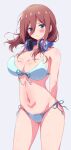  1girl absurdres arms_behind_back bikini blue_bikini blue_eyes blush breasts brown_hair cleavage closed_mouth collarbone eggman_(pixiv28975023) eyes_visible_through_hair go-toubun_no_hanayome grey_background hair_between_eyes halterneck headphones headphones_around_neck highres large_breasts looking_at_viewer medium_hair nakano_miku navel side-tie_bikini_bottom simple_background solo standing stomach string_bikini swimsuit thighs 