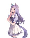  1girl absurdres animal_ears blush bow bowtie closed_mouth cowboy_shot ear_bow elbow_rest hand_up highres horse_ears horse_girl horse_tail long_hair looking_at_viewer mejiro_mcqueen_(umamusume) mixkechin purple_eyes purple_hair purple_shirt sailor_collar shirt short_sleeves skirt smile solo tail thighhighs umamusume white_background white_skirt white_thighhighs 