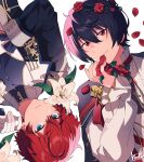  2boys amagi_hiiro bangs bishounen black_hair commentary_request ensemble_stars! flower frilled_sleeves frills kiri_futoshi lily_(flower) long_sleeves looking_at_viewer male_focus mouth_hold multicolored_hair multiple_boys red_hair rose sakuma_ritsu simple_background two-tone_hair white_background white_hair 