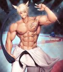  2boys abs animal_ears artist_name bandaged_fingers bandages bara belt biceps cat_ears chest_tattoo commission dougi hakama highres japanese_clothes karate_gi large_pectorals male_focus manly mature_male meishou_(cantabile1222) multiple_boys muscular muscular_male nipples original pectorals red_eyes short_hair signature smile spiked_hair tattoo teeth thick_arms white_hair 