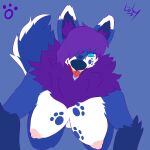  anthro blue_body blue_eyes bodily_fluids breasts female fluffy hair hi_res inner_ear_fluff loby_starlight looking_at_viewer mamagen neck_tuft nipples nude open_mouth purple_hair saliva solo tongue tongue_out tuft 