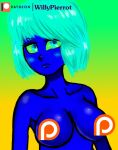  1girl alien blue_eyes blue_hair blue_skin breasts censored closed_mouth colored_skin expressionless large_breasts lower_body nude original patreon patreon_logo_censor self_upload short_hair simple_background solo upper_body willy_pierrot 
