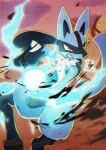  1boy animal_ears animal_feet animal_hands arm_up artist_name aura aura_sphere_(pokemon) black_fur blue_fur body_fur chromatic_aberration clenched_teeth cloud commentary_request energy_ball furry furry_male glowing half-closed_eyes highres looking_to_the_side lucario male_focus multicolored_fur outdoors partial_commentary pokemon pokemon_(creature) pokemon_move red_eyes red_sky rock sesamin_(sesamin_333) sharp_teeth signature sky snout solo spikes standing tail teeth thick_thighs thighs white_fur wide_hips wolf_boy wolf_ears wolf_tail 