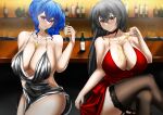  2girls absurdres azur_lane bar bare_shoulders black_hair blue_hair bottle breasts choker cleavage cocktail_dress cocktail_glass cup dress drinking_glass evening_gown garter_straps highres holding holding_cup jewelry kvmg5857 large_breasts looking_at_viewer multiple_girls necklace official_alternate_costume pouring pouring_onto_self purple_eyes red_choker red_dress red_eyes side_ponytail silver_dress sleeveless sleeveless_dress st._louis_(azur_lane) st._louis_(luxurious_wheels)_(azur_lane) taihou_(azur_lane) taihou_(forbidden_feast)_(azur_lane) 