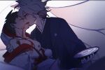  2boys alternate_costume black_kimono blood blood_from_mouth blood_on_chest brown_hair closed_eyes collarbone commentary_request danganronpa_(series) danganronpa_2:_goodbye_despair gradient gradient_background grey_background grey_hair highres hinata_hajime holding japanese_clothes kimono kiss komaeda_nagito long_sleeves looking_at_another male_focus multiple_boys yaoi ziling 