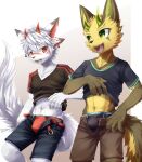  2020 anthro belt black_nose bottomwear brown_body brown_fur bulge canid canine canis clothed clothing countershading crop_top cute_fangs dipstick_ears duo ear_piercing ear_ring eye_contact facial_markings fluffy fluffy_tail fur green_eyes hair head_markings hi_res horn ivan-jhang kemono looking_at_another male mammal markings midriff multi_ear multicolored_ears navel open_bottomwear open_clothing open_pants pants piercing red_eyes ring_piercing shirt shirt_grab smile topwear unbuttoned underwear white_body white_fur white_hair wolf 