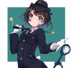  1girl aqua_eyes baton_(weapon) black_hair black_jacket black_necktie buttons collared_shirt cuffs dress_shirt gloves handcuffs hat highres holding holding_handcuffs hololive jacket necktie oozora_subaru parted_lips police police_hat police_uniform policewoman shirt short_hair surprised suzushika_(13_96) uniform virtual_youtuber weapon white_gloves white_shirt 