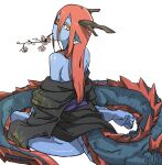  1girl animal_ear_fluff animal_ears antlers barefoot blue_scales blue_skin branch cherry_blossoms chiwa_(fcwv5738) closed_mouth colored_eyelashes colored_skin dragon_girl dragon_tail flower full_body hair_between_eyes highres long_hair looking_at_viewer looking_back monster_girl mouth_hold original partially_undressed pink_flower red_hair simple_background sitting solo tail white_background yellow_eyes yokozuwari 
