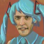  1boy aqua_hair brown_background brown_eyes collared_shirt cosplay crossdressing english_commentary gooseygang hatsune_miku hatsune_miku_(cosplay) highres jerma985 jerma985_(person) looking_at_viewer open_mouth portrait real_life shirt sleeveless sleeveless_shirt teeth twintails vocaloid 