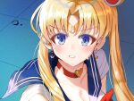  1girl bags_under_eyes bishoujo_senshi_sailor_moon blonde_hair blue_eyes breasts choker cleavage collarbone commentary_request crying crying_with_eyes_open double_bun earrings forehead hair_bun heart heart_choker highres iro_(boo_iro) jewelry meme outdoors red_choker sailor_moon sailor_moon_redraw_challenge_(meme) sailor_senshi_uniform shiny shiny_hair solo tears tsukino_usagi twintails upper_body v-shaped_eyebrows 