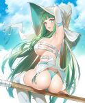  1girl ass blue_panties breasts evertale from_behind green_eyes green_hair hat large_breasts long_hair looking_back merlin_(evertale) official_art open_mouth panties popqn sitting solo underwear witch_hat 