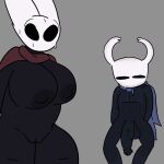  big_breasts bodily_fluids breasts cape clothing duo female hollow_knight hornet_(hollow_knight) male male/female protagonist_(hollow_knight) size_difference sweat team_cherry video_games 