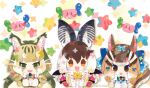  3girls animal_costume animal_ear_fluff animal_ears bat_wings bow bowtie brown_eyes brown_hair brown_long-eared_bat_(kemono_friends) cat_ears cat_girl gloves green_eyes grey_hair jungle_cat_(kemono_friends) kemono_friends kemono_friends_v_project kikuchi_milo long_hair looking_at_viewer microphone multicolored_hair multiple_girls open_mouth shirt siberian_chipmunk_(kemono_friends) smile tail twintails virtual_youtuber white_hair wings 