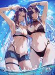  2girls absurdres bikini blue_eyes blue_hair commission earrings fate/grand_order fate/stay_night fate_(series) highres jewelry long_hair medea_(fate) medusa_(fate) medusa_(rider)_(fate) minyom multiple_girls navel ocean pointy_ears purple_eyes purple_hair second-party_source skeb_commission sunglasses swimsuit very_long_hair 