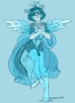  2019 angel anthro biped blue_theme canid canine caninelove clothed clothing digital_media_(artwork) dress ear_piercing feathered_wings feathers full-length_portrait genitals girly hair halo hands_together hi_res male mammal monochrome penis piercing portrait simple_background solo standing translucent translucent_clothing translucent_dress wings 