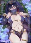  1girl armlet bangs bare_shoulders black_hair bracelet breasts detached_sleeves genshin_impact green_eyes halterneck highres jewelry large_breasts long_hair looking_at_viewer mona_(genshin_impact) mouth_veil navel neck_ring pelvic_curtain solo thighlet thighs tinnies twintails veil 
