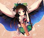  1girl arm_cannon bird_wings black_hair black_wings blouse blush bow breasts buttons cape center_frills collared_shirt control_rod frilled_shirt_collar frilled_skirt frills full_body green_bow green_skirt hair_bow ke-a-ru kneehighs long_hair looking_to_the_side medium_breasts pout puffy_short_sleeves puffy_sleeves red_eyes reiuji_utsuho shirt short_sleeves skirt socks solo starry_sky_print third_eye touhou v-shaped_eyebrows weapon white_cape white_shirt wings 