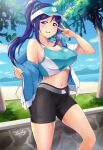  1girl beach belt bike_shorts black_shorts blue_hair blue_sky blush breasts day dot_nose drawstring grey_belt hand_up high_ponytail highres jacket large_breasts long_hair looking_at_viewer love_live! love_live!_sunshine!! matsuura_kanan midriff navel ocean open_clothes open_jacket outdoors parted_lips purple_eyes short_shorts shorts signature single_bare_shoulder sky smile solo sportswear stomach sweat teeth thighs track_jacket tree tsumikiy two-sided_fabric two-sided_jacket upper_teeth v visor_cap white_jacket 
