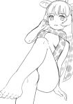  1girl animal_ears bare_arms bare_legs barefoot breasts commentary_request crossed_legs feet giraffe_ears giraffe_print greyscale highres kemono_friends legs looking_at_viewer medium_breasts monochrome murakami_kou_(raye) parted_lips print_scarf print_swimsuit reticulated_giraffe_(kemono_friends) scarf sitting sketch slingshot_swimsuit smile solo swimsuit 