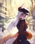  1girl animal_ears blue_eyes blush body_freckles dress ears_through_headwear fox_ears fox_tail freckles from_behind hat highres long_hair long_sleeves looking_at_viewer looking_back losse_(personal_ami) orange_scarf original outdoors parted_lips personal_ami scarf signature snow snowing solo standing tail thick_eyebrows tree white_hair yellow_eyes 