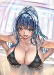  1girl bangs bent_over bikini black_bikini blue_eyes blue_hair breasts cleavage collarbone highres large_breasts long_hair looking_at_viewer mole mole_on_breast original parted_lips ponytail ran&#039;ou_(tamago_no_kimi) shirt smile solo swimsuit water wet 