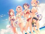  4girls ass ball bangs beachball bikini black_bikini black_bow black_hair blonde_hair blue_eyes blue_sky blunt_bangs bow breasts brown_eyes brown_hair cloud contrapposto cowboy_shot folded_ponytail from_behind fujiwara_chika gun hair_bow hair_ribbon hayasaka_ai holster iino_miko innertube kaguya-sama_wa_kokurasetai_~tensai-tachi_no_renai_zunousen~ large_breasts layered_bikini light_rays long_hair looking_at_viewer looking_back low_twintails medium_hair multiple_girls nyan5000 orange_bikini pink_hair ponytail red_bikini red_eyes red_ribbon ribbon see-through shinomiya_kaguya short_hair side-tie_bikini_bottom sky small_breasts standing sunbeam sunlight swimsuit twintails water_gun weapon white_bikini 